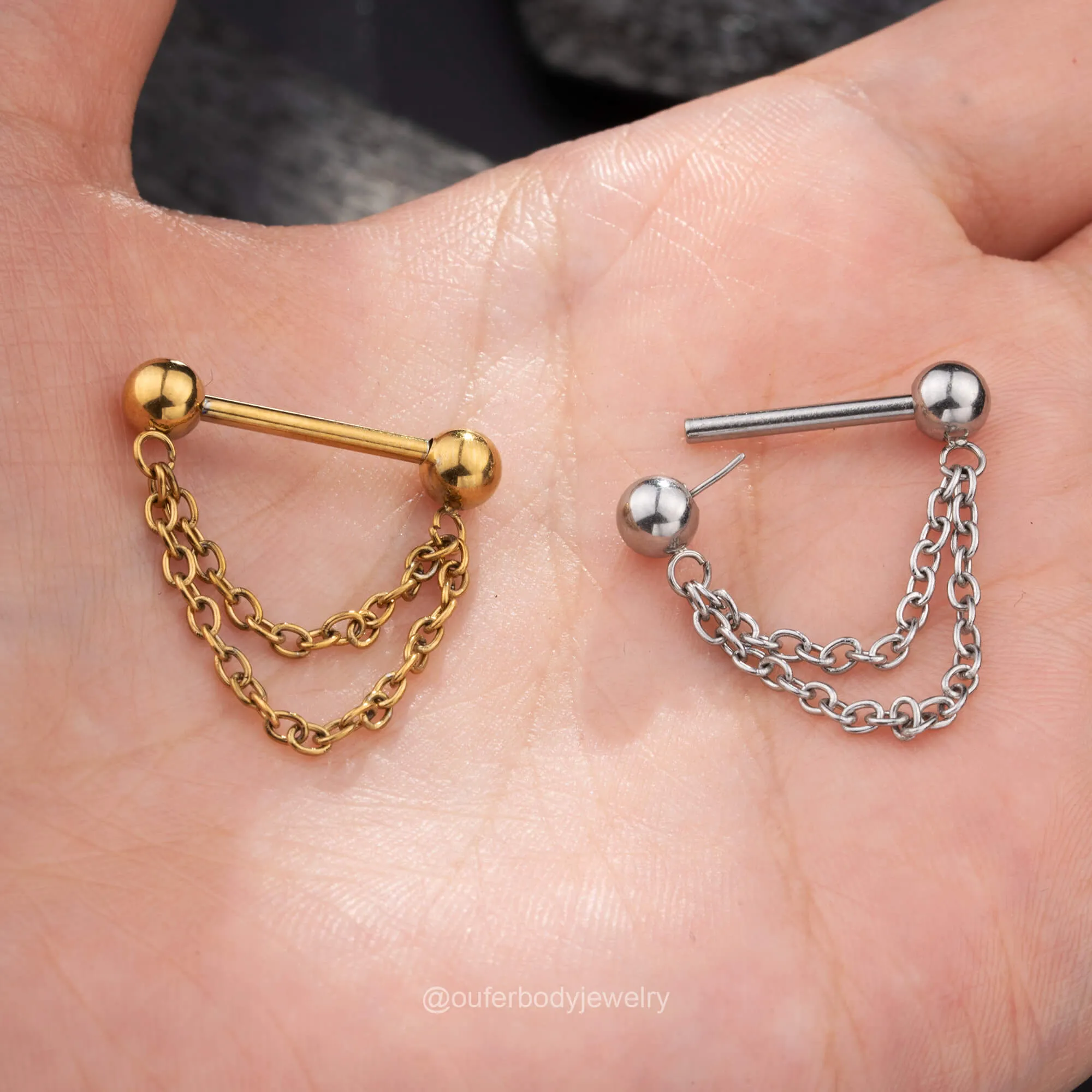 14G Threadless Push Pin Double Chain Style Nipple Ring