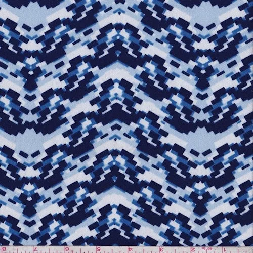 3 1/4 YD PC-Powder Blue/Navy Pixel Chevron Techno Crepe Knit Fabric