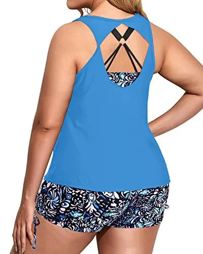 3 Piece Plus Size Tankini Swimsuits With High Waisted Boy Short-Blue Floral