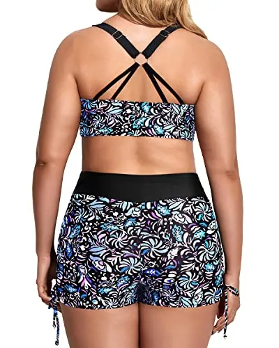 3 Piece Plus Size Tankini Swimsuits With High Waisted Boy Short-Blue Floral