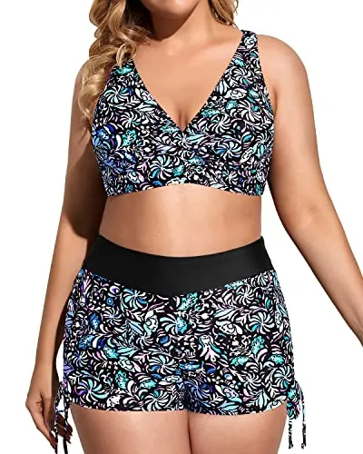 3 Piece Plus Size Tankini Swimsuits With High Waisted Boy Short-Blue Floral