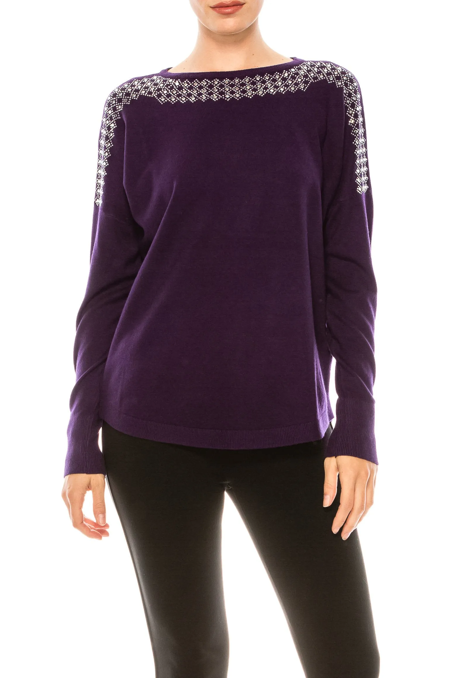 Aaeda Long Sleeve Rhinestone Sweater Top (Additional Colors)