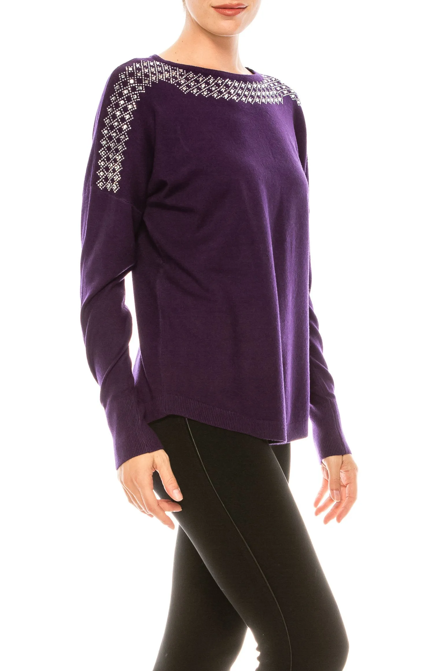 Aaeda Long Sleeve Rhinestone Sweater Top (Additional Colors)