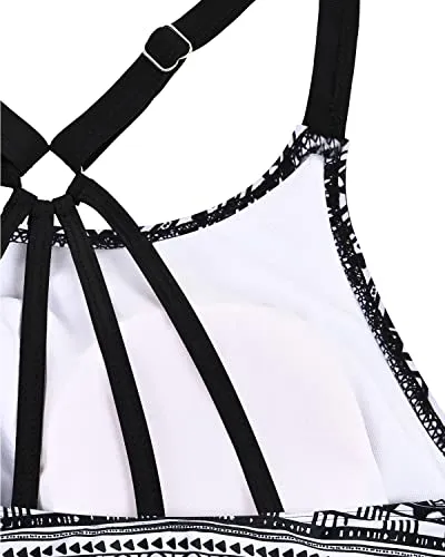 Adjustable Strappy Racerback Tankini Swimsuit Tops For Women Tankini-Black And White Stripe