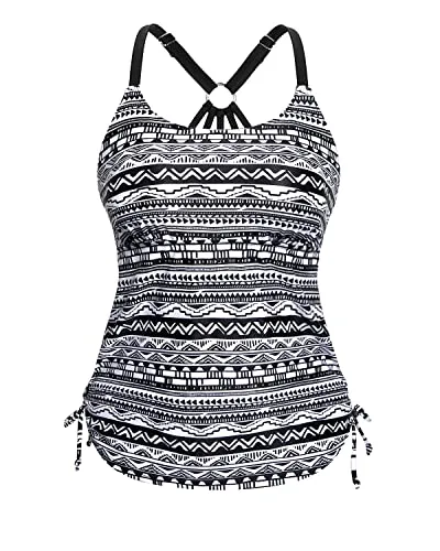 Adjustable Strappy Racerback Tankini Swimsuit Tops For Women Tankini-Black And White Stripe