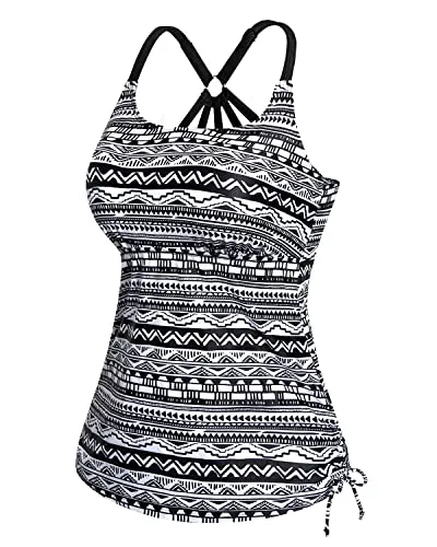 Adjustable Strappy Racerback Tankini Swimsuit Tops For Women Tankini-Black And White Stripe