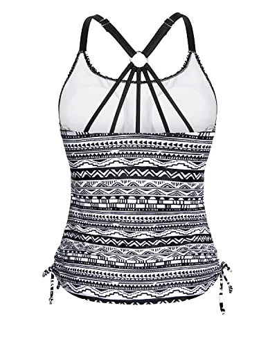 Adjustable Strappy Racerback Tankini Swimsuit Tops For Women Tankini-Black And White Stripe