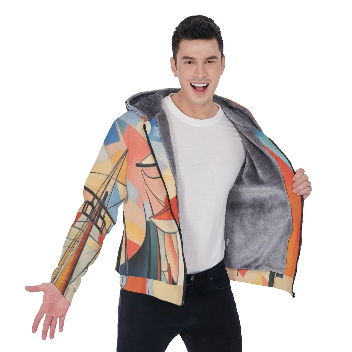 All-Over Print Men's Sherpa Fleece Zip Up Hoodie, abstract, sailboat, print, #25n