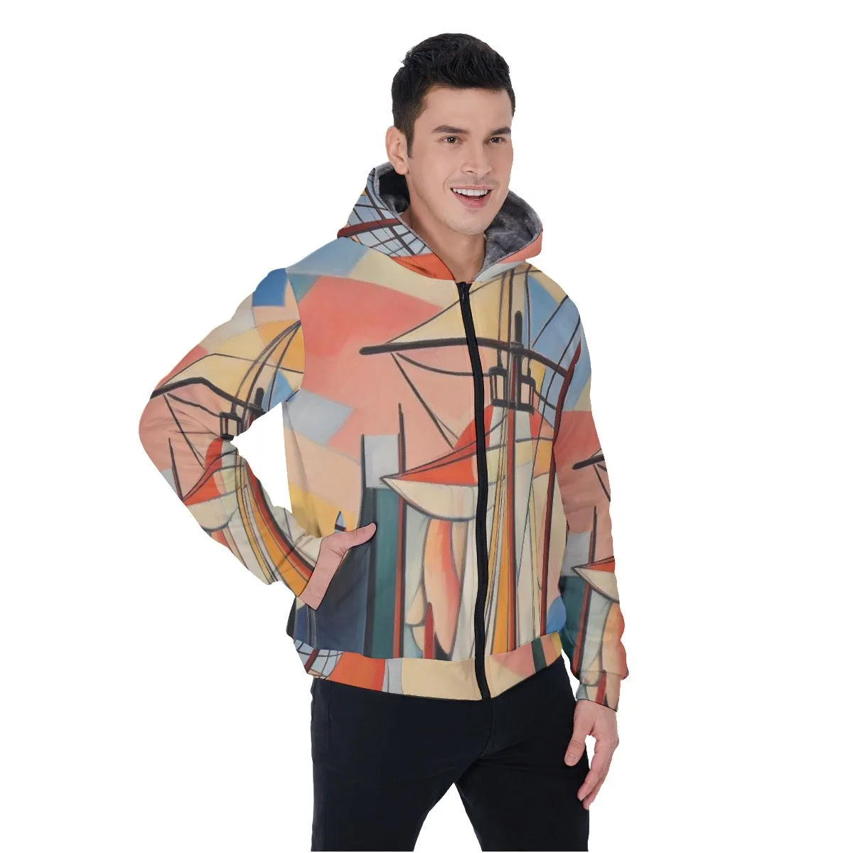 All-Over Print Men's Sherpa Fleece Zip Up Hoodie, abstract, sailboat, print, #25n