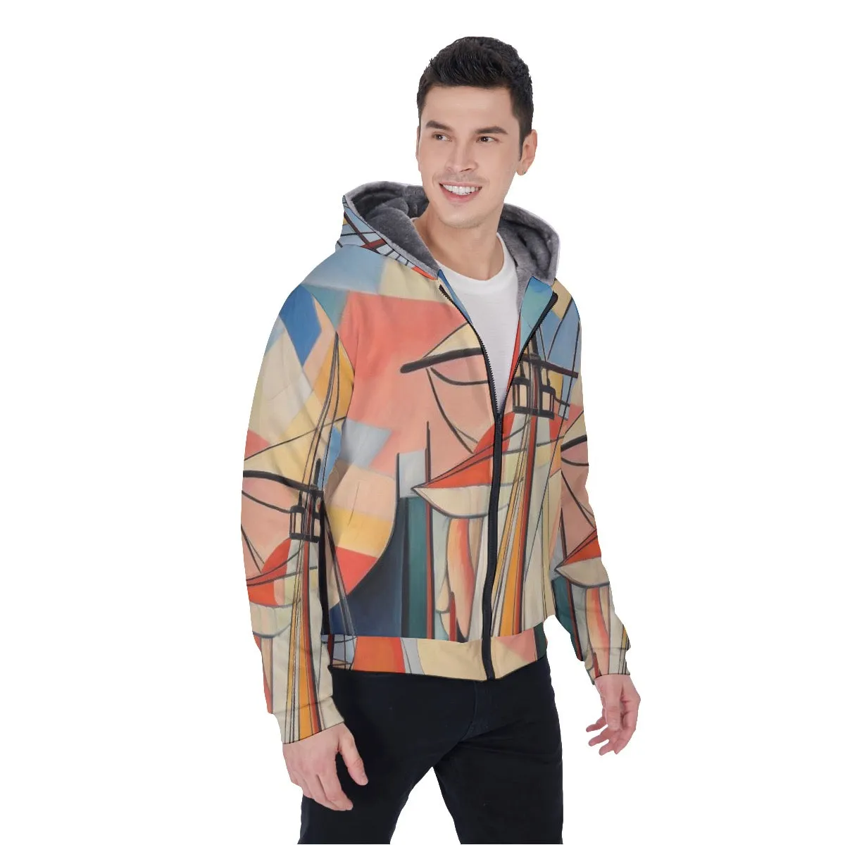 All-Over Print Men's Sherpa Fleece Zip Up Hoodie, abstract, sailboat, print, #25n