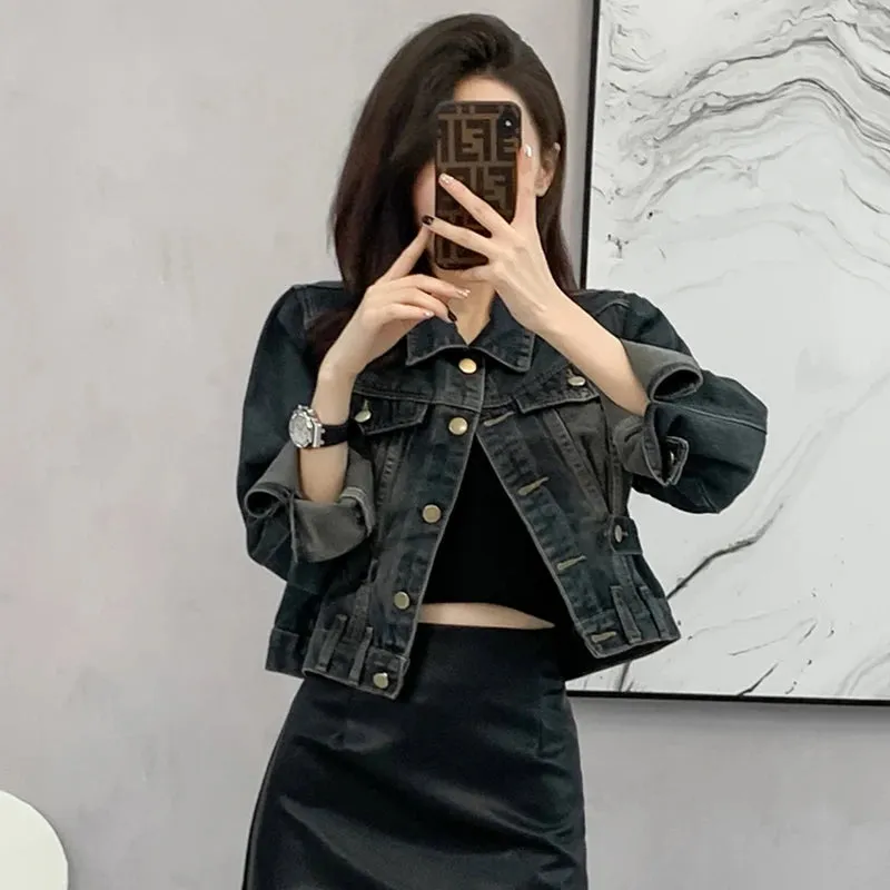 American Retro Women Short Jeans Coat With Buckle Pocket 2024 Streetwear Washed Vintage Denim Jackets Long Sleeve Crop Top