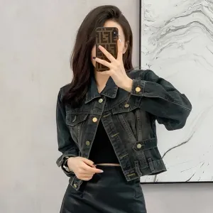 American Retro Women Short Jeans Coat With Buckle Pocket 2024 Streetwear Washed Vintage Denim Jackets Long Sleeve Crop Top