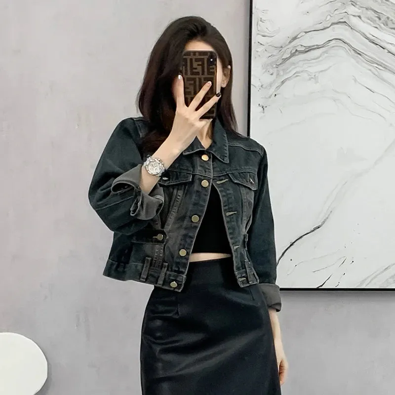 American Retro Women Short Jeans Coat With Buckle Pocket 2024 Streetwear Washed Vintage Denim Jackets Long Sleeve Crop Top