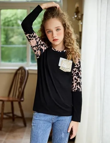 Arshiner Long Sleeve Shirts for Kids Soft Casual Color Block Stylish Pocket Crew Neck Top Shirts Black 5-6 Years