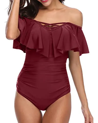 Best Vintage Ruffle Swimwear With Bathing Suits For Women-Maroon