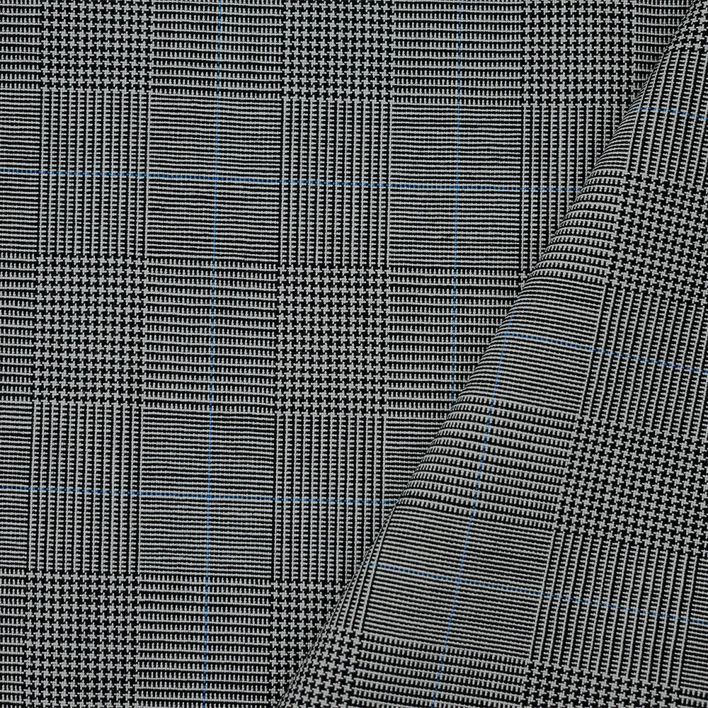 Black-Light Blue-Gray Poly-Wool Glen Plaid Shirting Woven Fabric