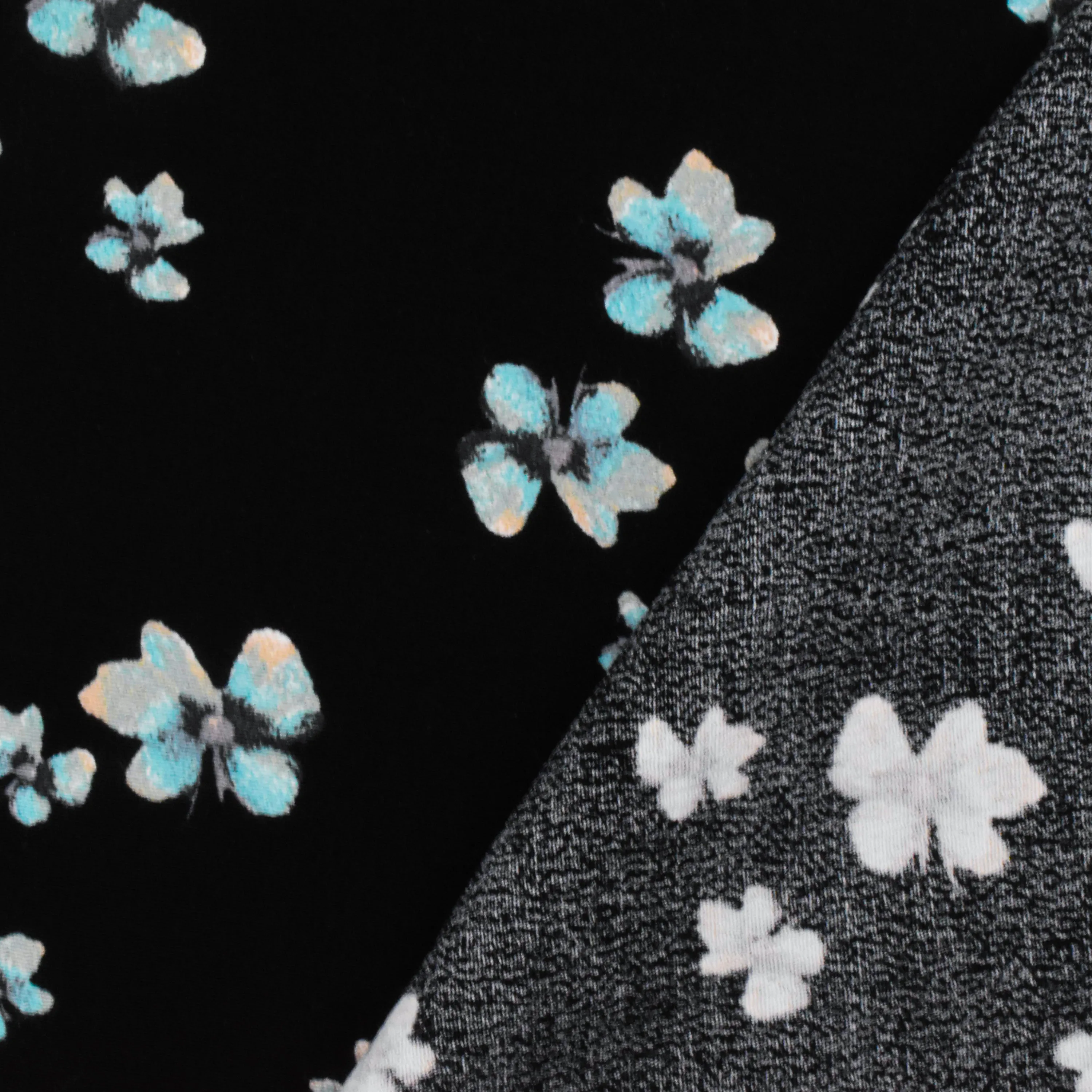 Black-Teal-Multi Famous Designer Floral Printed Viscose Crepe Faille Fabric