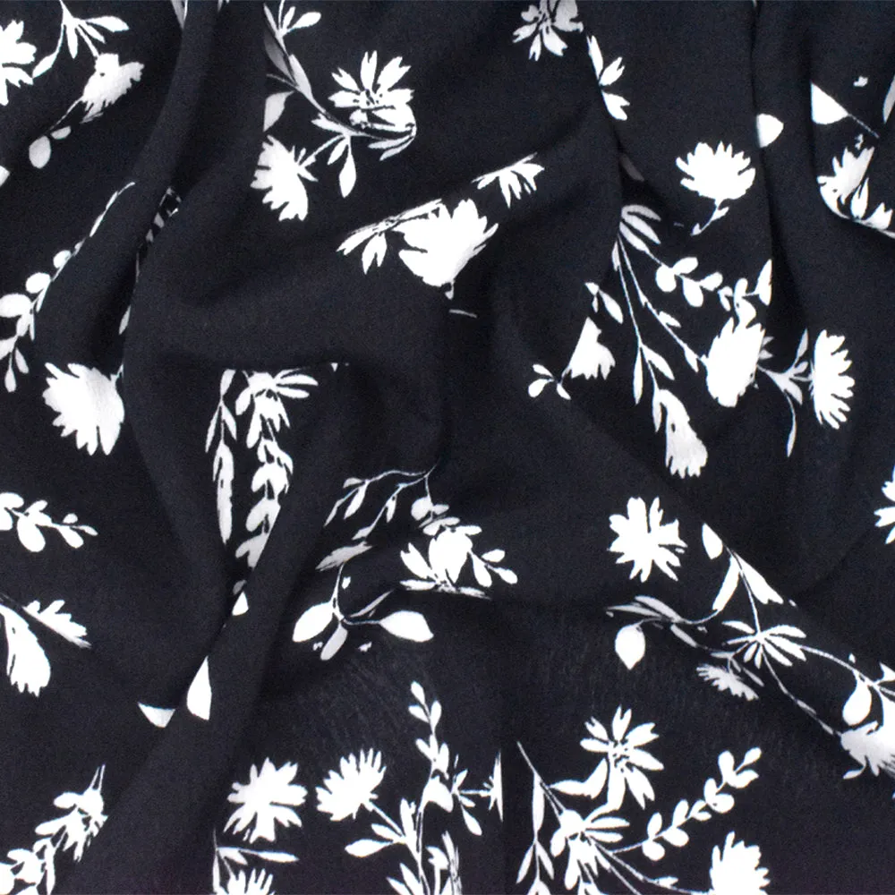 Black-White Famous Designer Floral Print Viscose Crepe Faille Woven Fabric