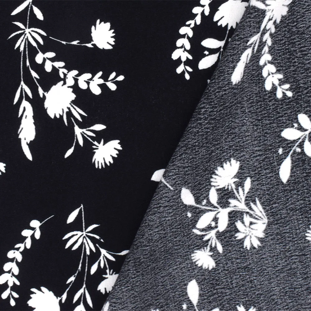 Black-White Famous Designer Floral Print Viscose Crepe Faille Woven Fabric