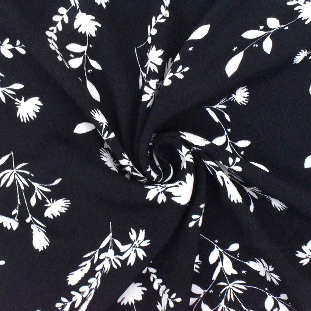 Black-White Famous Designer Floral Print Viscose Crepe Faille Woven Fabric