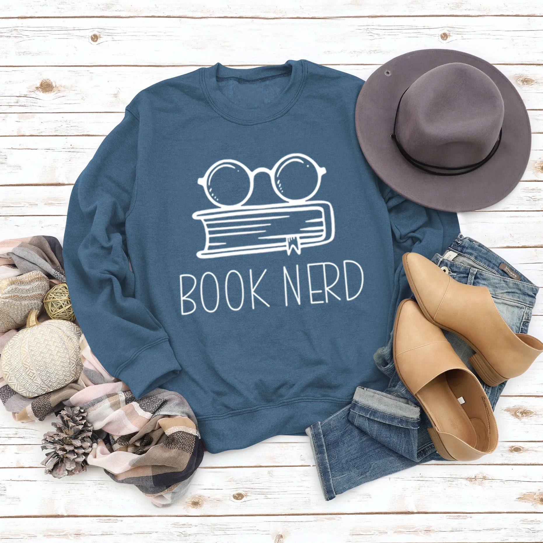 Book Nerd Glasses Book Printed Loose Bottomed Long Sleeve Large Size Sweater