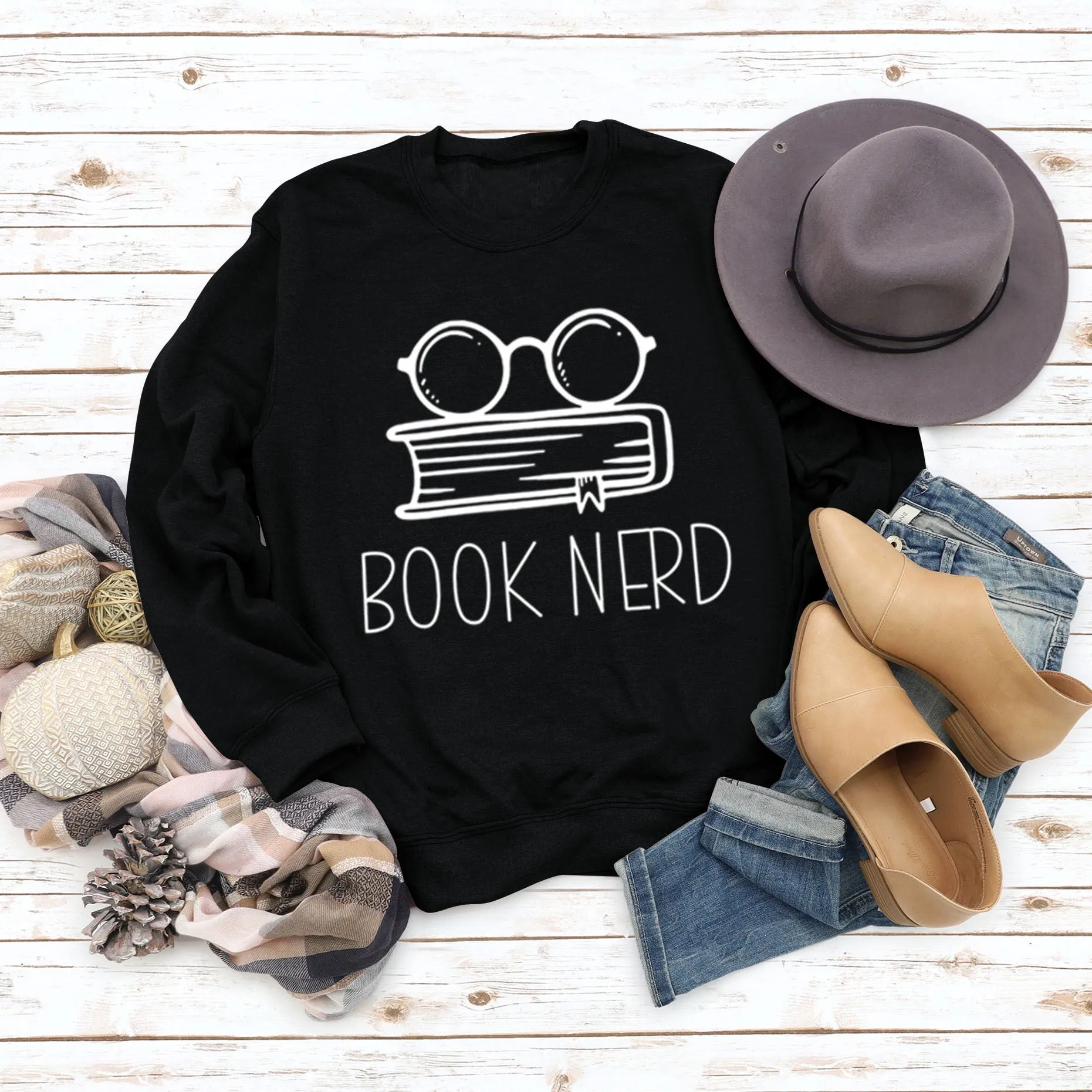 Book Nerd Glasses Book Printed Loose Bottomed Long Sleeve Large Size Sweater