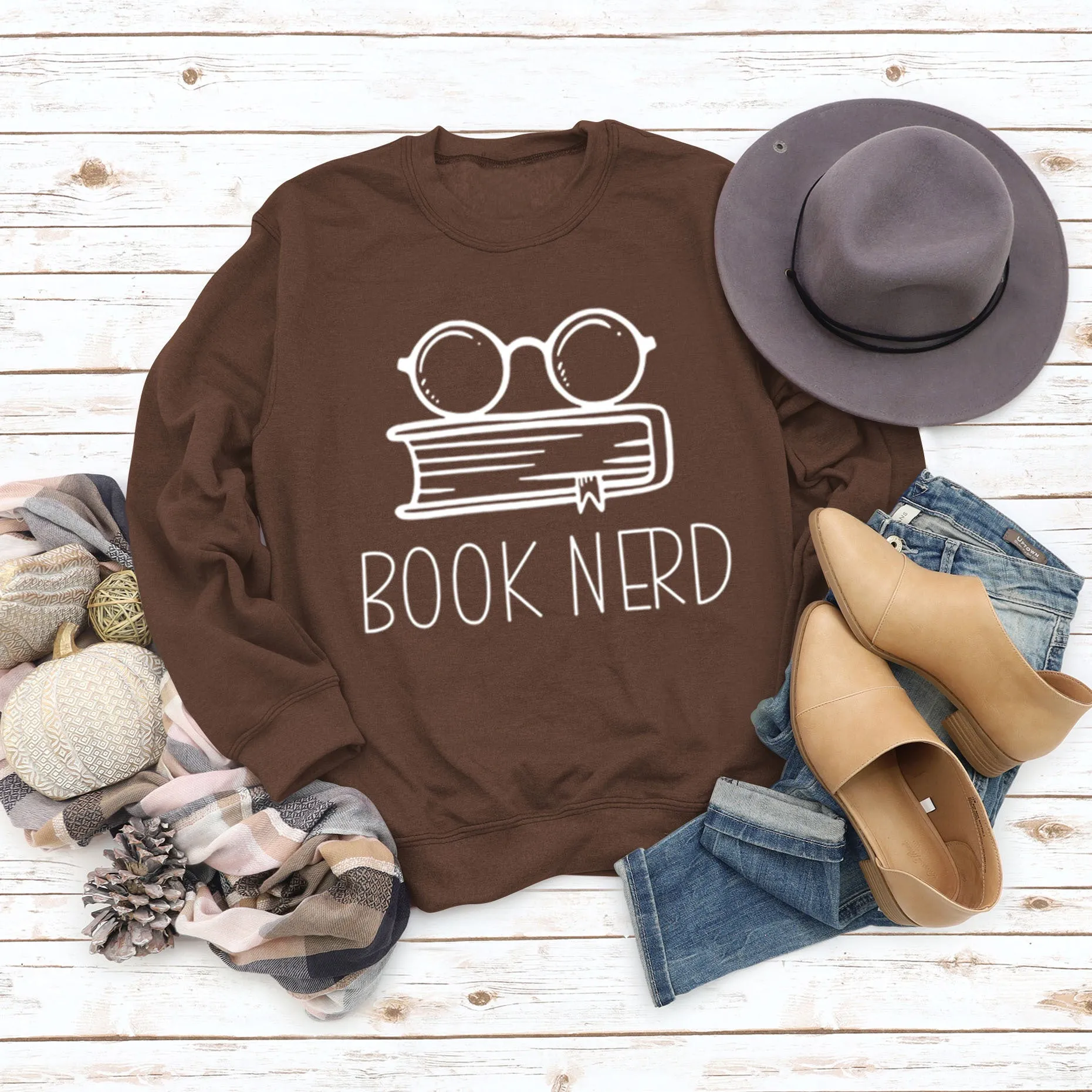 Book Nerd Glasses Book Printed Loose Bottomed Long Sleeve Large Size Sweater