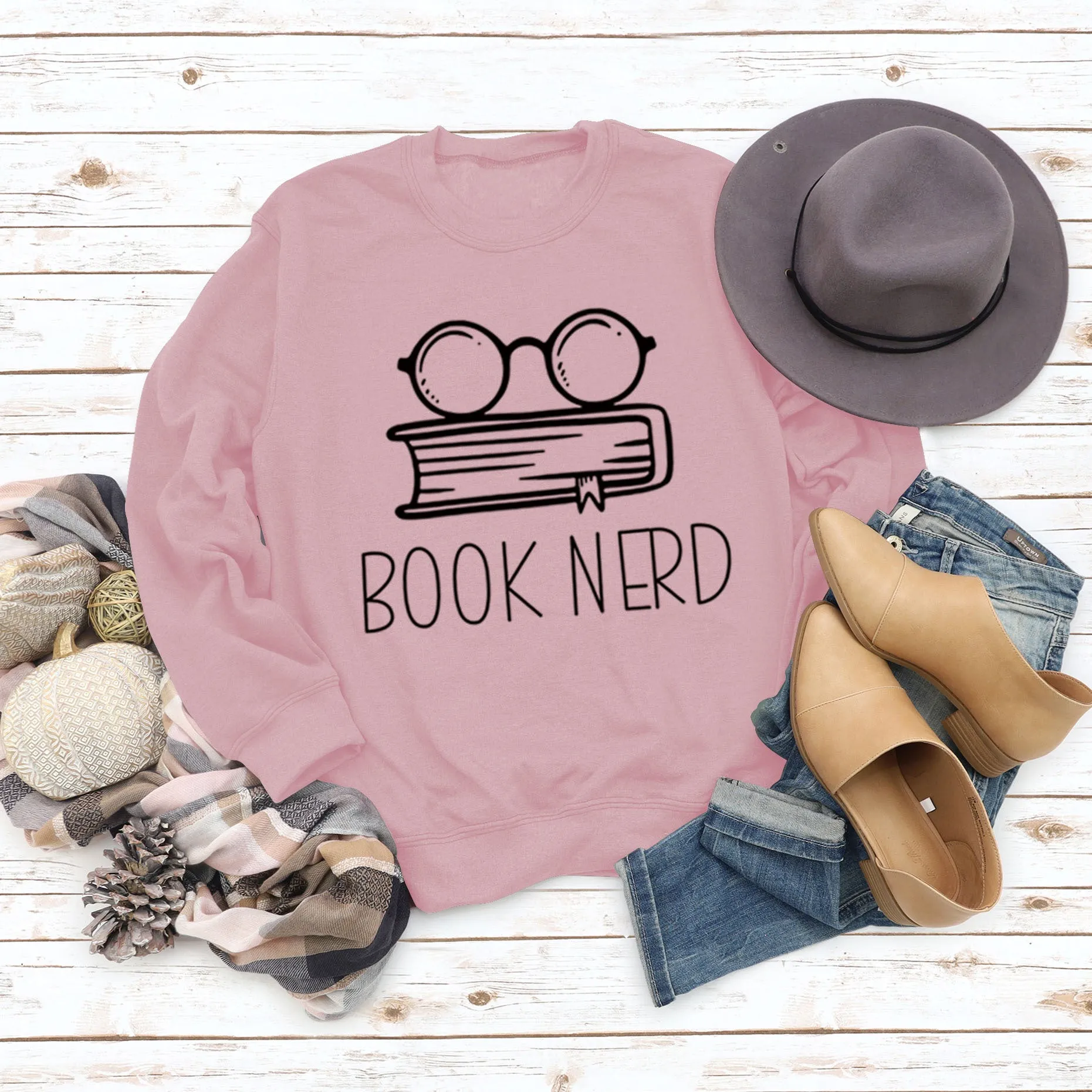 Book Nerd Glasses Book Printed Loose Bottomed Long Sleeve Large Size Sweater