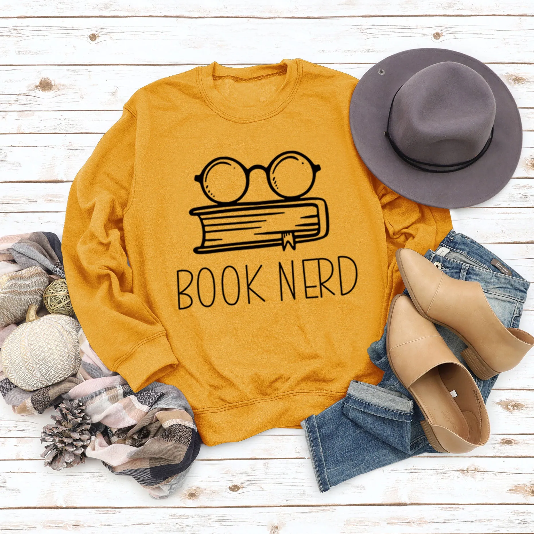 Book Nerd Glasses Book Printed Loose Bottomed Long Sleeve Large Size Sweater