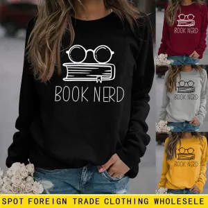 Book Nerd Glasses Book Printed Loose Bottomed Long Sleeve Large Size Sweater