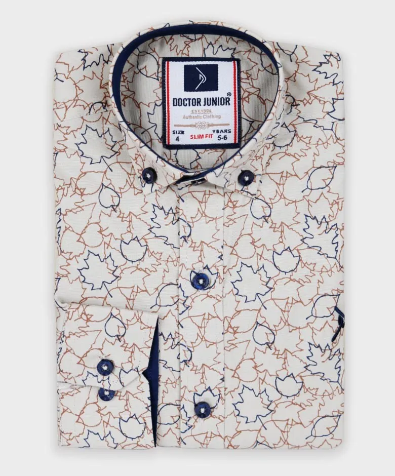 Boys Slim Fit Leaves Print Cotton Shirt - Beige