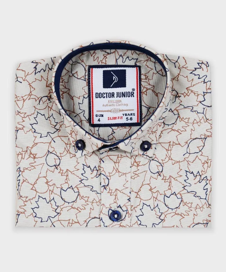 Boys Slim Fit Leaves Print Cotton Shirt - Beige