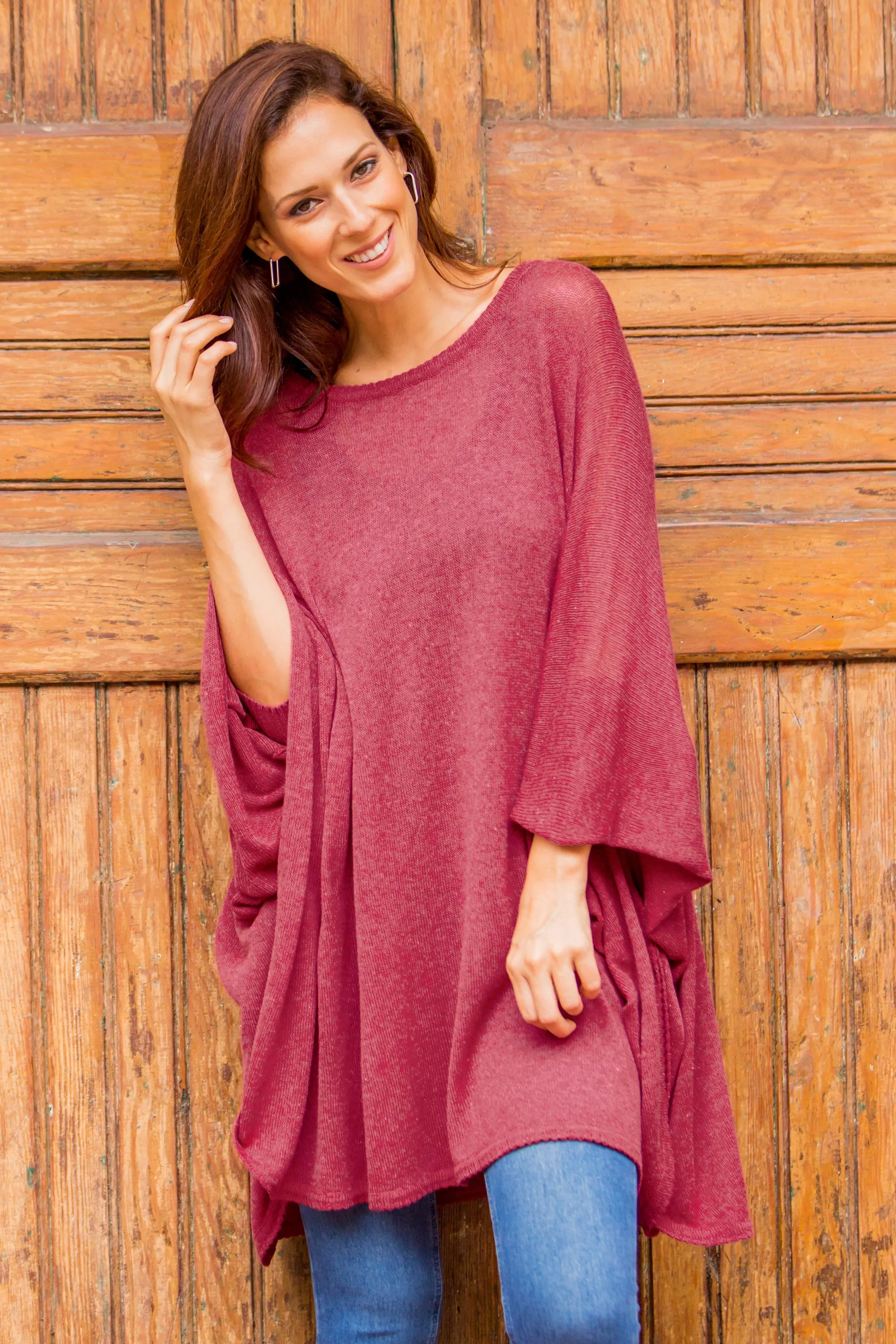 Bright Wind Soft Knit Bohemian Style Wine Drape Sweater from Peru