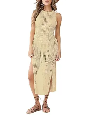 Bsubseach Crochet Bathing Suit Cover Ups for Women Hollow Out Sleeveless Long Beach Dress Bikini Swimsuit Cover Up Khaki