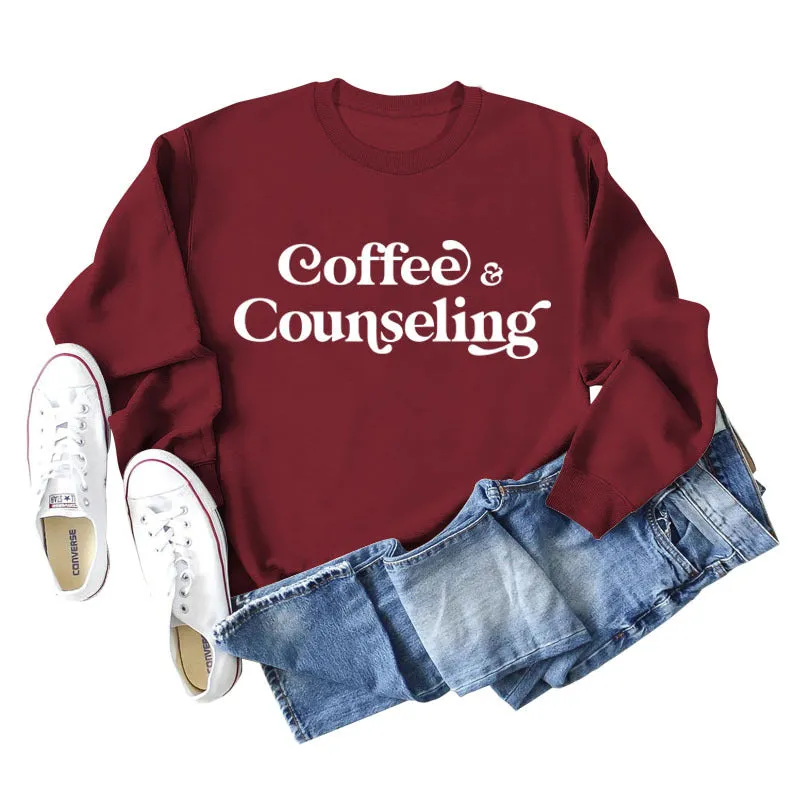 Coffee Counseling Fashion Letter Round Neck Autumn and Winter Long Sleeve Sweater