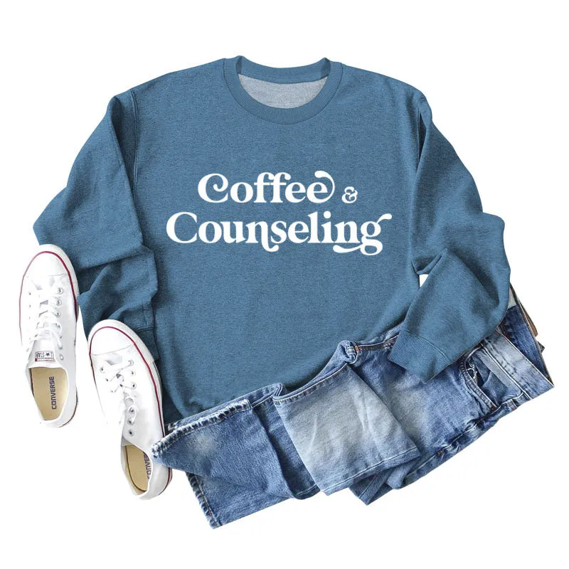 Coffee Counseling Fashion Letter Round Neck Autumn and Winter Long Sleeve Sweater