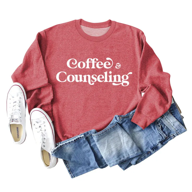 Coffee Counseling Fashion Letter Round Neck Autumn and Winter Long Sleeve Sweater