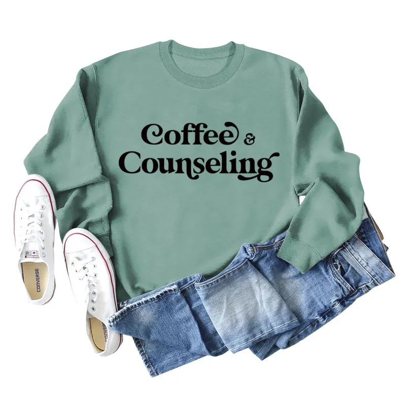 Coffee Counseling Fashion Letter Round Neck Autumn and Winter Long Sleeve Sweater