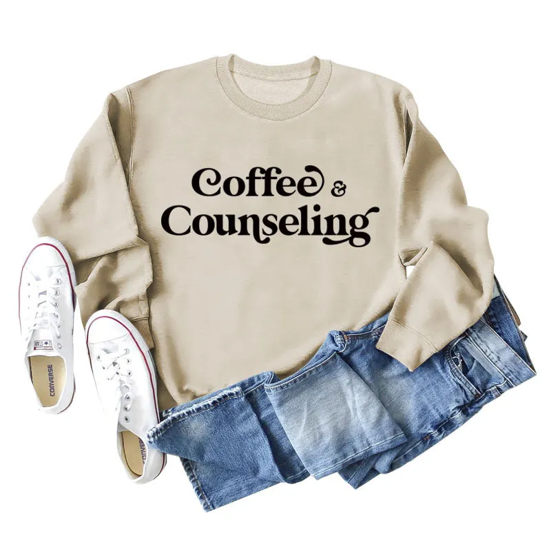 Coffee Counseling Fashion Letter Round Neck Autumn and Winter Long Sleeve Sweater