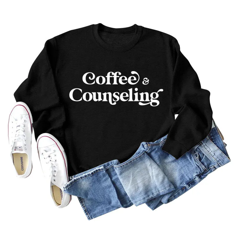 Coffee Counseling Fashion Letter Round Neck Autumn and Winter Long Sleeve Sweater