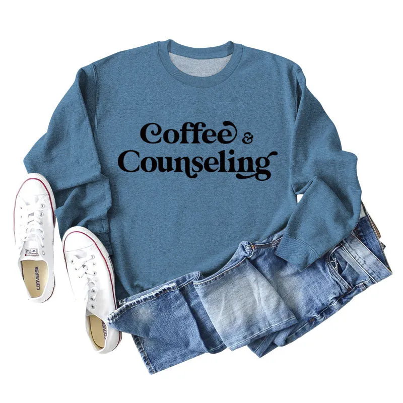 Coffee Counseling Fashion Letter Round Neck Autumn and Winter Long Sleeve Sweater