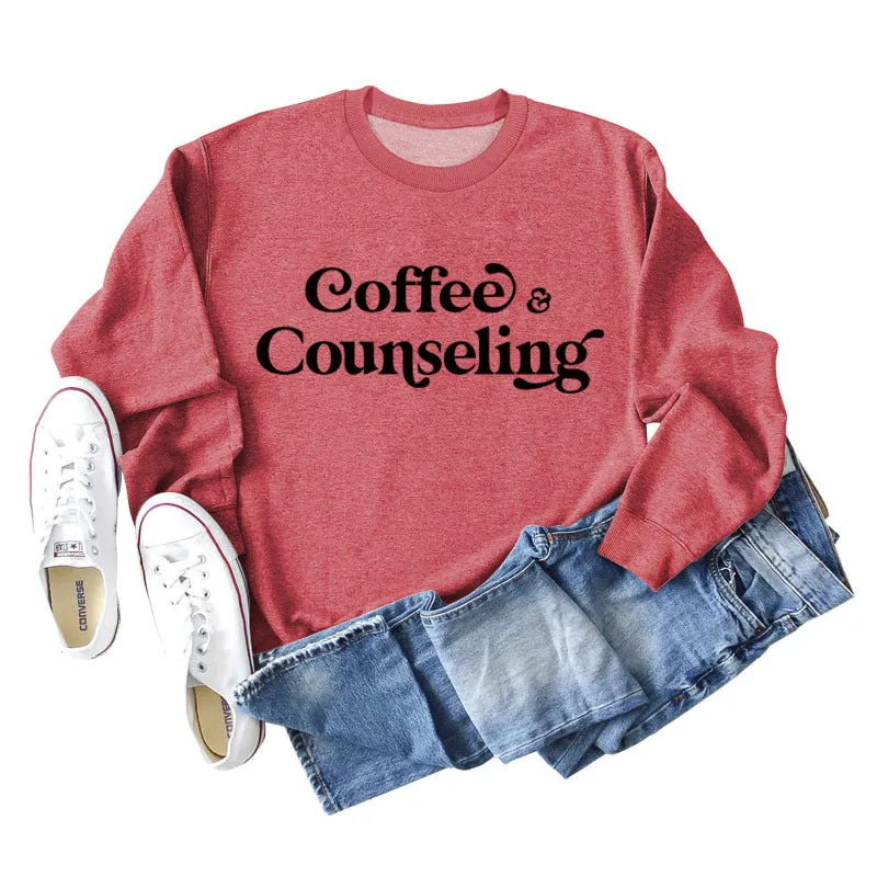 Coffee Counseling Fashion Letter Round Neck Autumn and Winter Long Sleeve Sweater