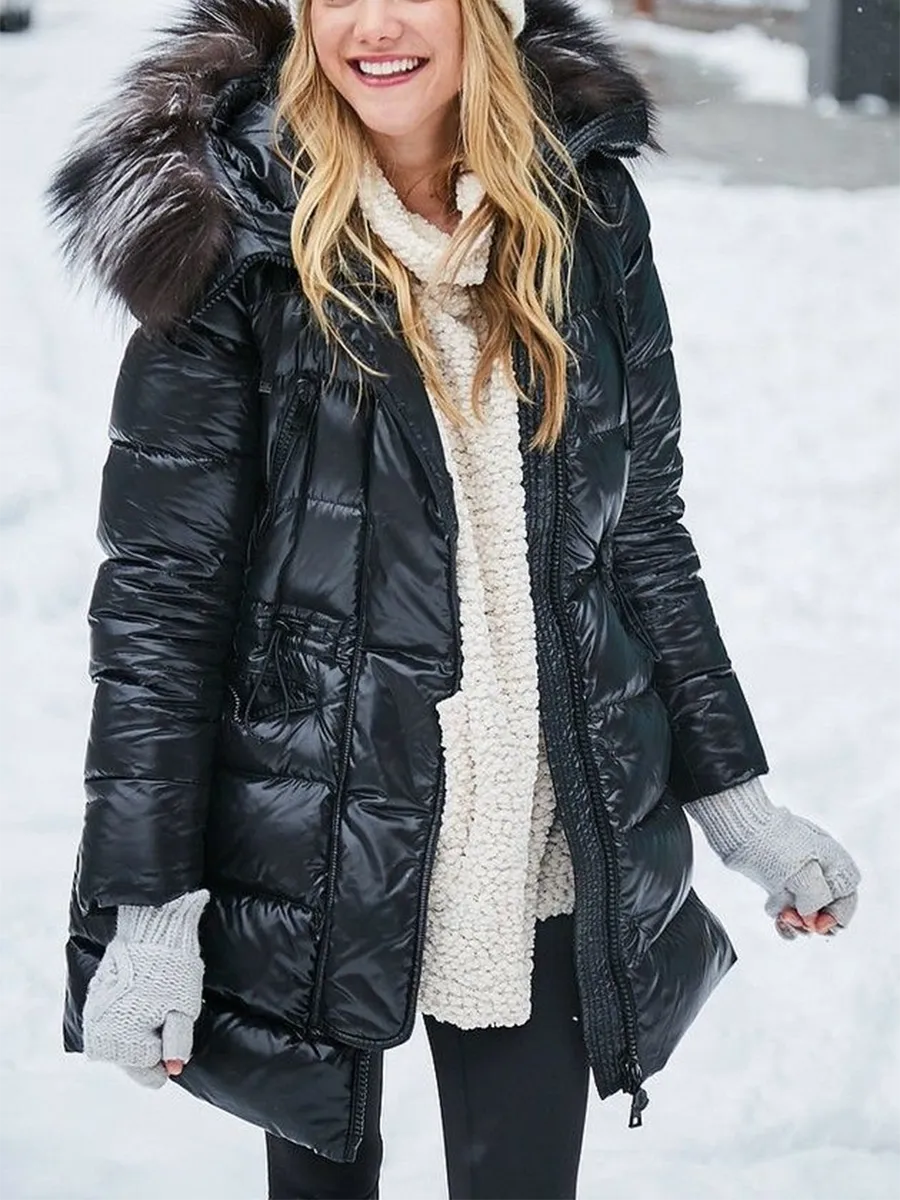 Fashion Mid-length Fur Collar Hooded Down Jacket Coat