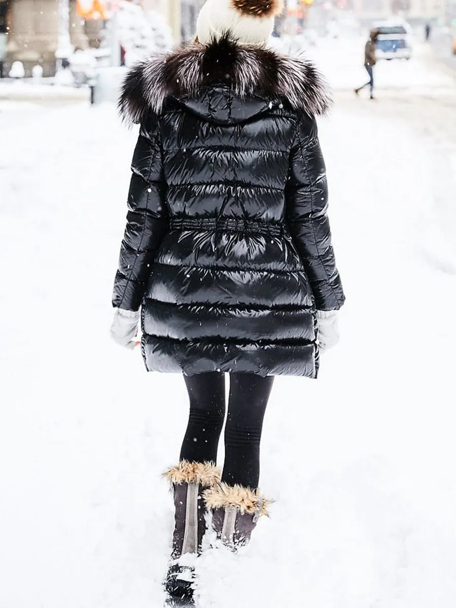 Fashion Mid-length Fur Collar Hooded Down Jacket Coat