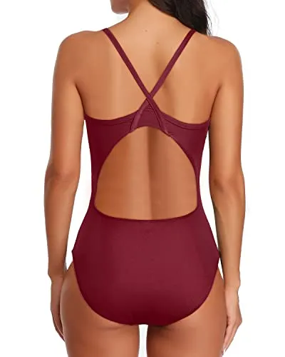 Fly Back And Modest Squared Neckline Athletic One Piece Swimsuits For Women-Maroon