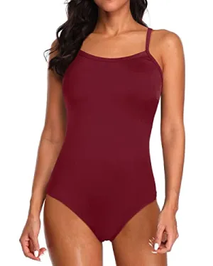 Fly Back And Modest Squared Neckline Athletic One Piece Swimsuits For Women-Maroon