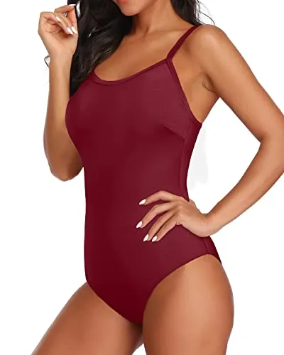 Fly Back And Modest Squared Neckline Athletic One Piece Swimsuits For Women-Maroon