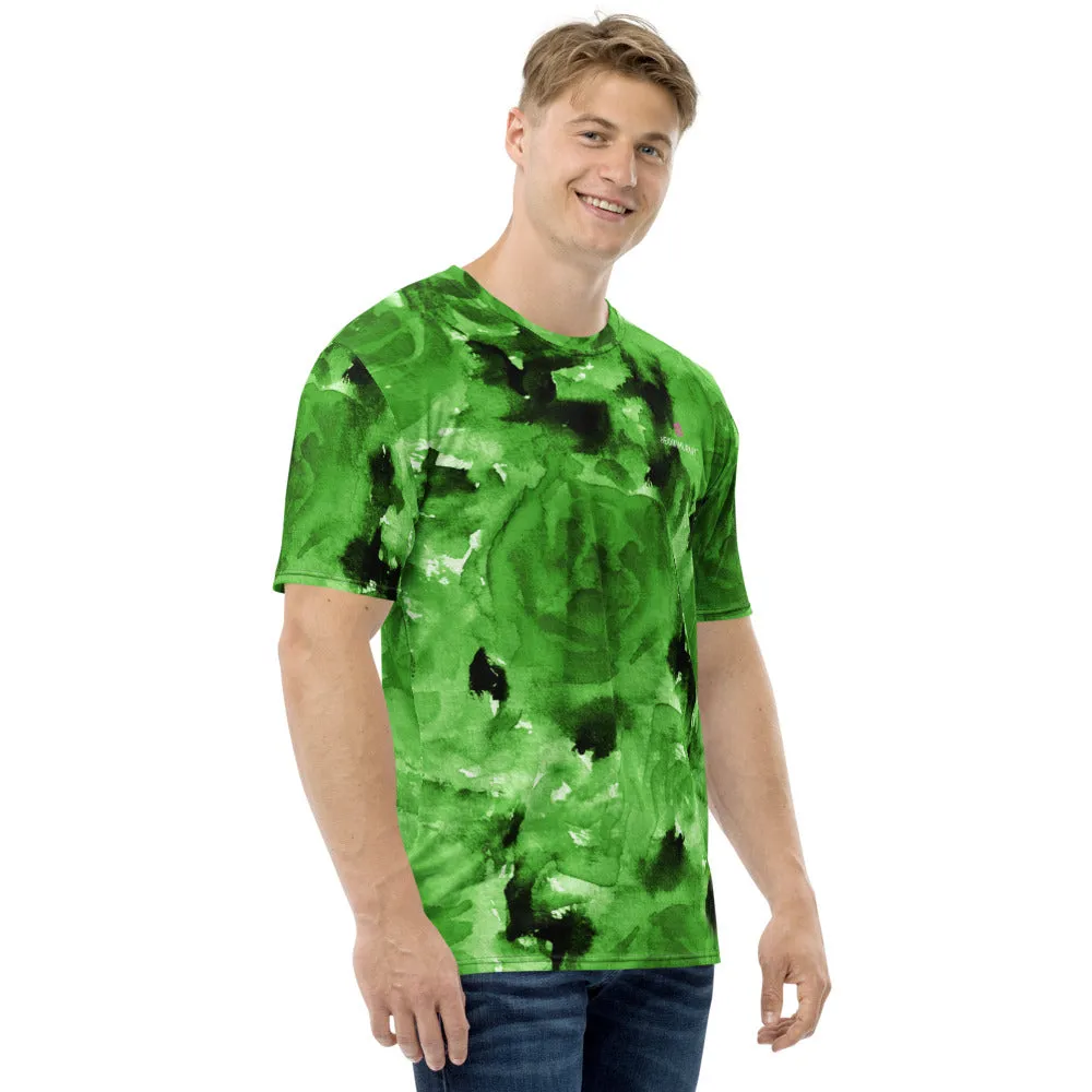 Green Floral Abstract Men's T-shirt, Regular Fit Designer Short Sleeves Crew Neck Tees For Men