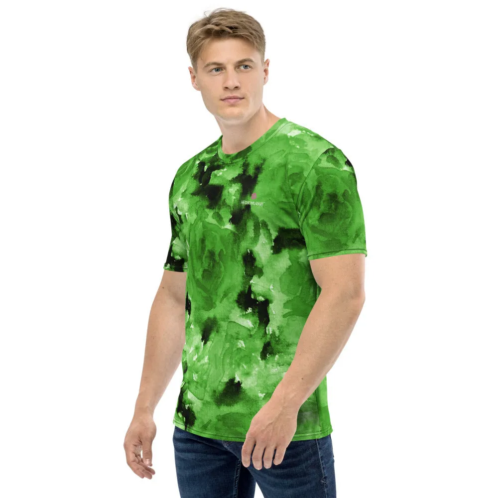 Green Floral Abstract Men's T-shirt, Regular Fit Designer Short Sleeves Crew Neck Tees For Men