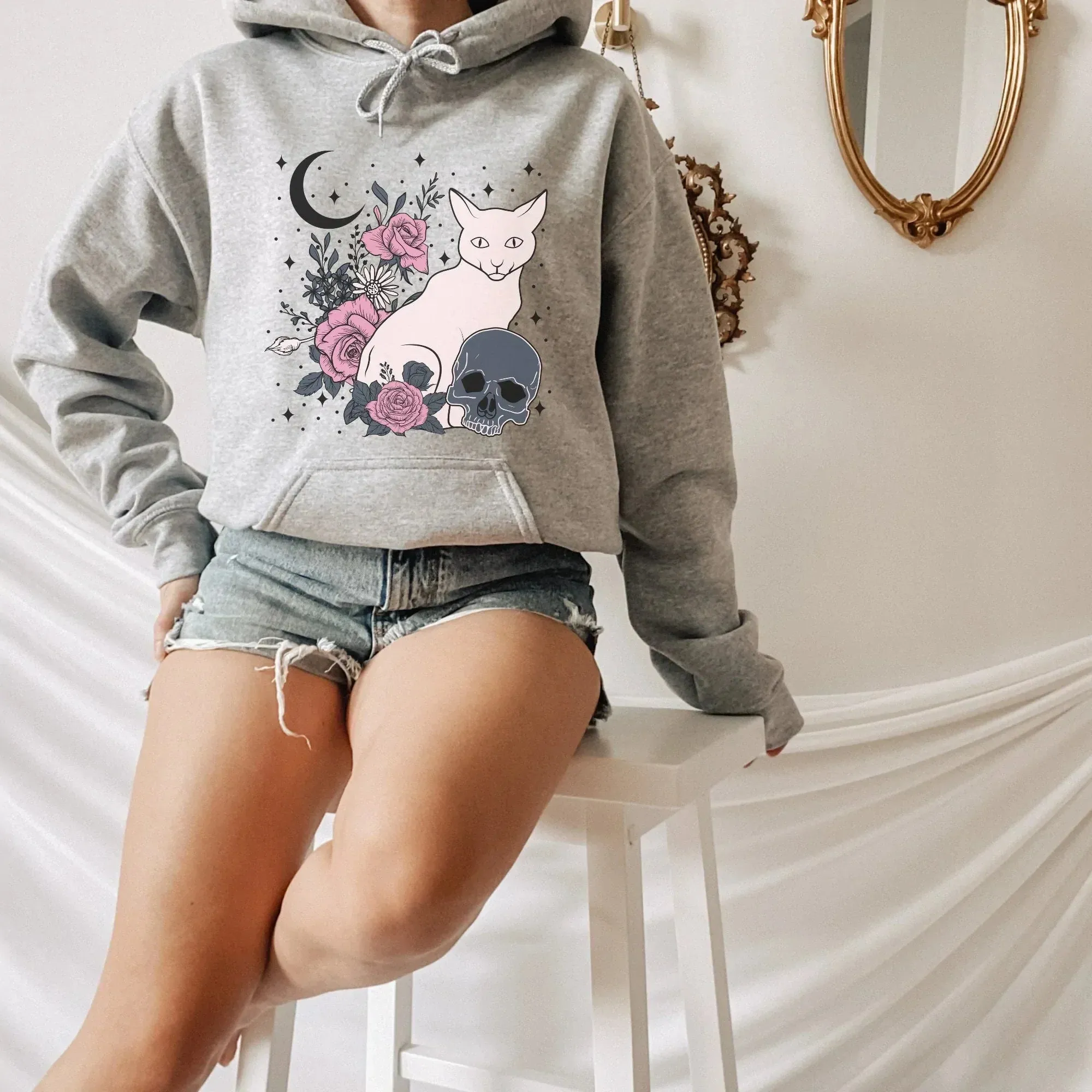 Halloween Pastel, Gothic Shirt, Witchy Vibes Halloween Sweatshirt, Moon Shirt, Skull Shirt, Pastel Goth Style Grunge Clothing, Cat Shirt